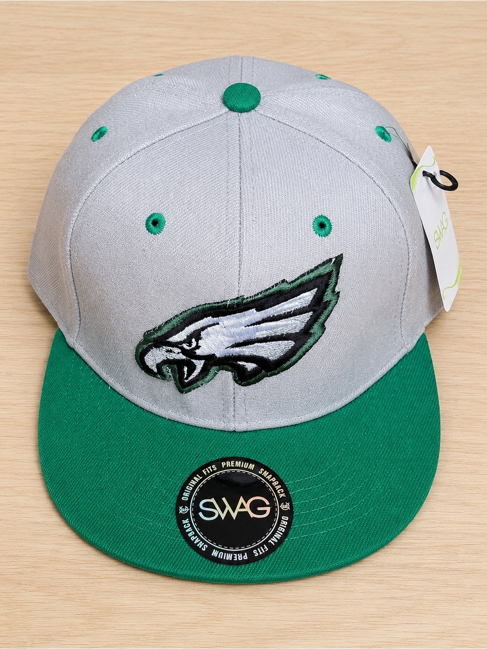 Philadelphia Eages Grey and Green Snapback Hat with Embroidered Eagle Logo